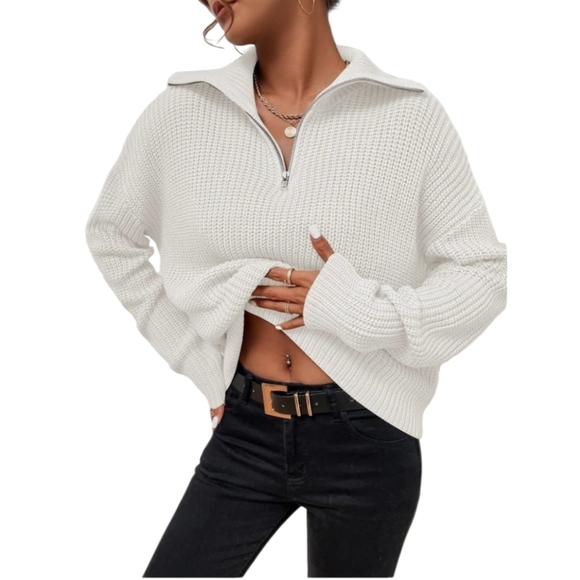WILA Sweaters - Minimalist preppy Ribbed Knit Half Zipper White Sweater